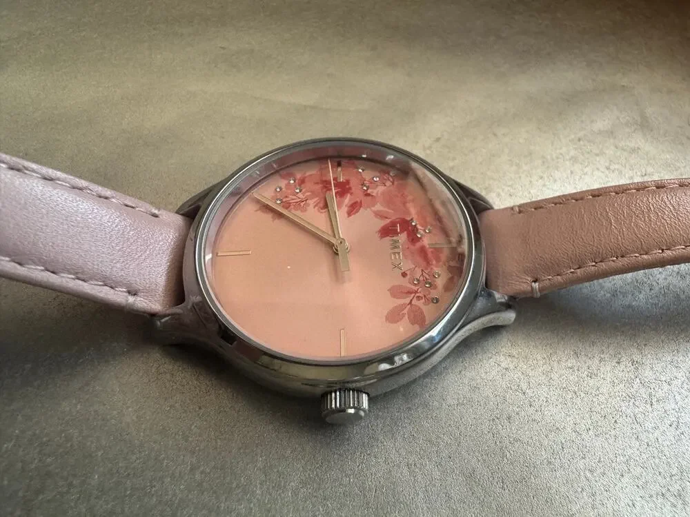 Timex Women’s Pink Floral Dial Watch Genuine Leather Strap 30M Quartz